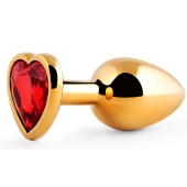 Золотистая анальная пробка с красным стразом-сердечком - 8 см. - Anal Jewelry Plug - купить с доставкой в Миассе