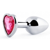 Серебристая анальная пробка с розовым кристаллом-сердечком - 7 см. - Anal Jewelry Plug - купить с доставкой в Миассе