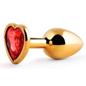 Золотистая анальная пробка с красным стразом-сердечком - 7 см. - Anal Jewelry Plug - купить с доставкой в Миассе