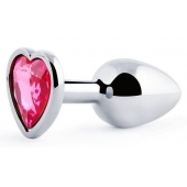 Серебристая анальная пробка с малиновым кристаллом-сердечком - 7 см. - Anal Jewelry Plug - купить с доставкой в Миассе