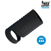 Черная открытая насадка на пенис с кольцом для мошонки XXL-size - 9,4 см. - Sex Expert - в Миассе купить с доставкой