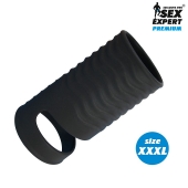 Черная открытая насадка на пенис с кольцом для мошонки XXXL-size - 9,9 см. - Sex Expert - в Миассе купить с доставкой