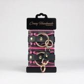 Черные кожаные наручники с розовой строчкой - Crazy Handmade - купить с доставкой в Миассе