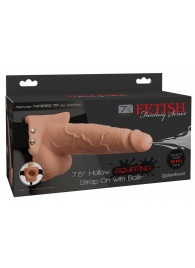 Телесный полый страпон с имитацией эякуляции 7.5  Hollow Squirting Strap-On with Balls Flesh - 21,6 см. - Pipedream - купить с доставкой в Миассе