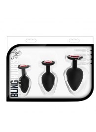 Набор черных анальных пробок с красным кристаллом-сердечком Bling Plugs Training Kit - Blush Novelties - купить с доставкой в Миассе