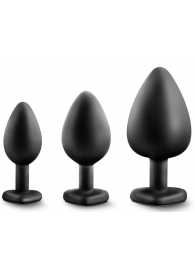 Набор из 3 черных пробок с прозрачным кристаллом-сердечком Bling Plugs Training Kit - Blush Novelties - купить с доставкой в Миассе