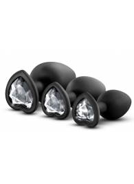 Набор из 3 черных пробок с прозрачным кристаллом-сердечком Bling Plugs Training Kit - Blush Novelties - купить с доставкой в Миассе