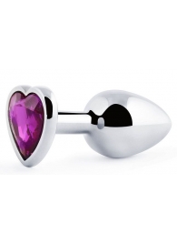 Серебристая анальная пробка с фиолетовым кристаллом-сердечком - 8 см. - Anal Jewelry Plug - купить с доставкой в Миассе