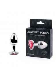 Серебристая анальная пробка с малиновым кристаллом-сердечком - 7 см. - Anal Jewelry Plug - купить с доставкой в Миассе