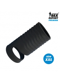 Черная открытая насадка на пенис с кольцом для мошонки XXL-size - 9,4 см. - Sex Expert - в Миассе купить с доставкой