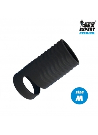 Черная открытая насадка на пенис с кольцом для мошонки size M - 7,9 см. - Sex Expert - в Миассе купить с доставкой