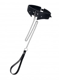 Черный кожаный ошейник-воротник с поводком - Pecado - купить с доставкой в Миассе