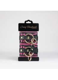 Черные кожаные наручники с розовой строчкой - Crazy Handmade - купить с доставкой в Миассе