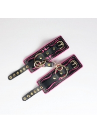 Черные кожаные наручники с розовой строчкой - Crazy Handmade - купить с доставкой в Миассе