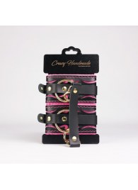 Черные кожаные оковы с розовой строчкой - Crazy Handmade - купить с доставкой в Миассе