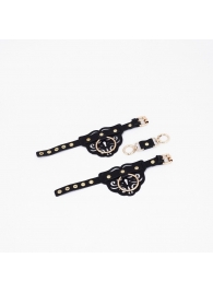 Черные кожаные наручники с клепками, кольцами и золотистой фурнитурой - Crazy Handmade - купить с доставкой в Миассе