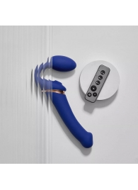 Синий безремневой страпон Multi Orgasm Bendable Strap-On size L с клиторальной стимуляцией - Strap-on-me - купить с доставкой в Миассе