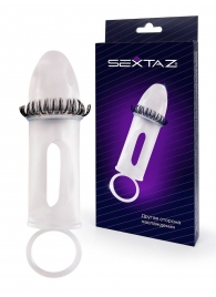 Закрытая насадка на пенис с подхватом мошонки и стимулирующими «ресничками» - Sextaz - в Миассе купить с доставкой