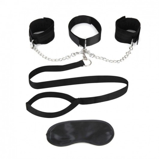 Чёрный ошейник с наручниками и поводком Collar Cuffs   Leash Set - Lux Fetish - купить с доставкой в Миассе