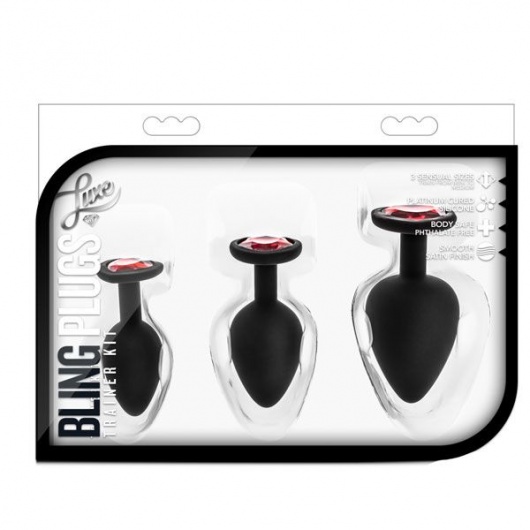 Набор черных анальных пробок с красным кристаллом-сердечком Bling Plugs Training Kit - Blush Novelties - купить с доставкой в Миассе