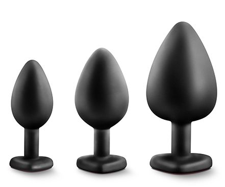 Набор черных анальных пробок с красным кристаллом-сердечком Bling Plugs Training Kit - Blush Novelties - купить с доставкой в Миассе