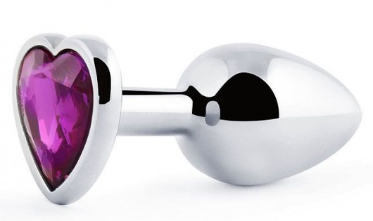 Серебристая анальная пробка с фиолетовым кристаллом-сердечком - 8 см. - Anal Jewelry Plug - купить с доставкой в Миассе