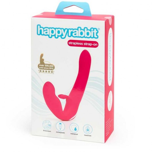 Ярко-розовый безремневой страпон Rechargeable Vibrating Strapless Strap-On - Happy Rabbit - купить с доставкой в Миассе