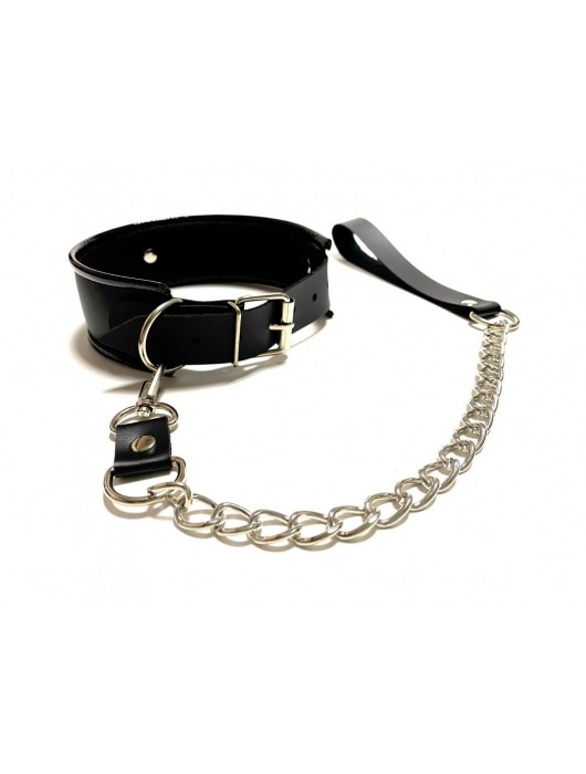 Черный ошейник с поводком из эко-кожи - БДСМ Арсенал - купить с доставкой в Миассе