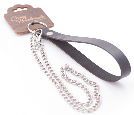 Серебристый металлический поводок с кожаной черной ручкой - 80 см. - Crazy Handmade - купить с доставкой в Миассе