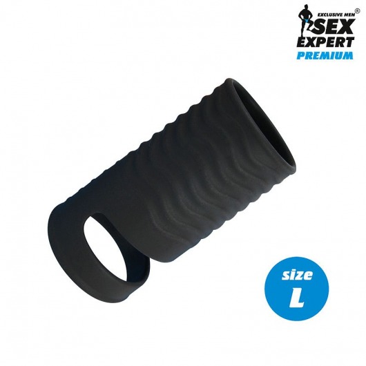 Черная открытая насадка на пенис с кольцом для мошонки L-size - 8,5 см. - Sex Expert - в Миассе купить с доставкой