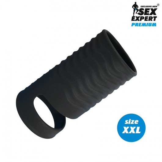 Черная открытая насадка на пенис с кольцом для мошонки XXL-size - 9,4 см. - Sex Expert - в Миассе купить с доставкой