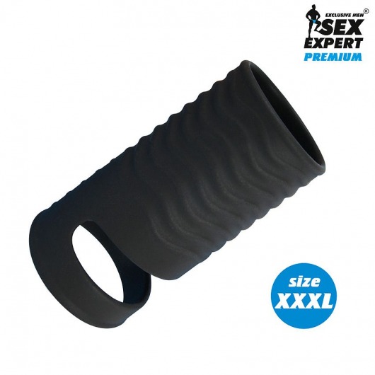 Черная открытая насадка на пенис с кольцом для мошонки XXXL-size - 9,9 см. - Sex Expert - в Миассе купить с доставкой