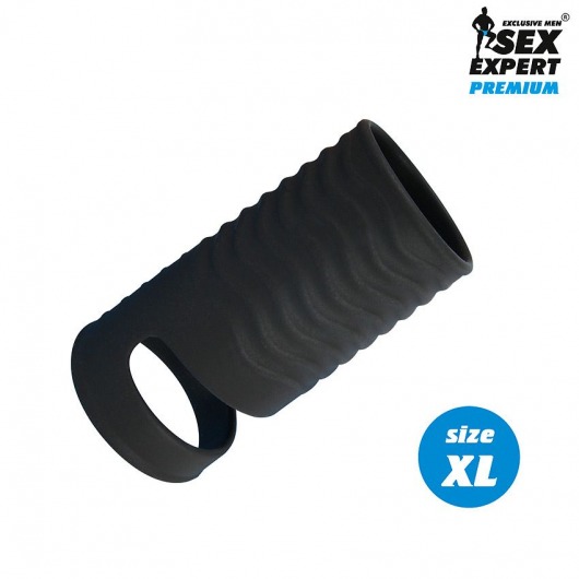 Черная открытая насадка на пенис с кольцом для мошонки XL-size - 8,9 см. - Sex Expert - в Миассе купить с доставкой