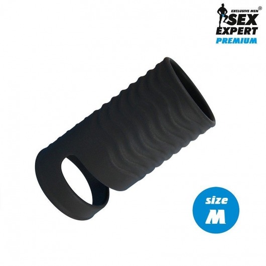 Черная открытая насадка на пенис с кольцом для мошонки size M - 7,9 см. - Sex Expert - в Миассе купить с доставкой