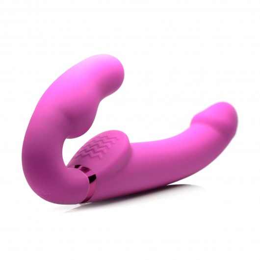 Розовый безремневой страпон с вибрацией и функцией расширения Inflatable Ergo-Fit Strapless Strap-On - XR Brands - купить с доставкой в Миассе