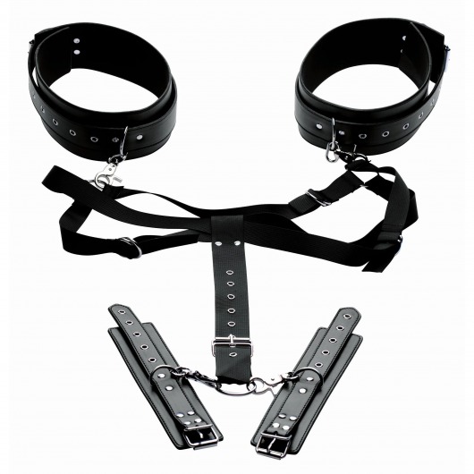 Черная бондажная система Acquire Easy Access Thigh Harness with Wrist Cuffs - XR Brands - купить с доставкой в Миассе