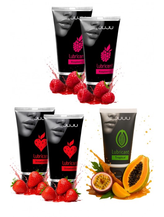 Набор из 5 съедобных лубрикантов JUJU (клубника х 2, малина х 2, тропические фрукты) - JuJu - купить с доставкой в Миассе