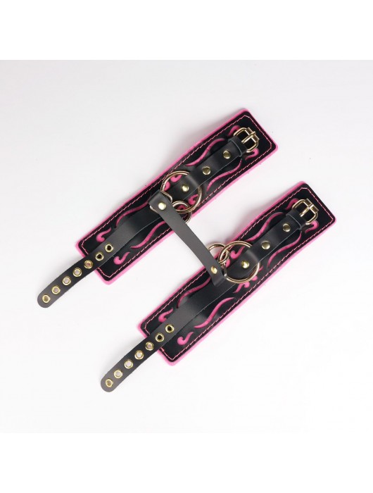 Черные кожаные оковы с розовой строчкой - Crazy Handmade - купить с доставкой в Миассе