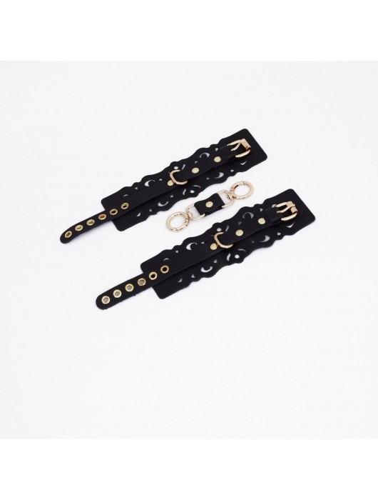 Черные кожаные наручники с узорами и золотистой фурнитурой - Crazy Handmade - купить с доставкой в Миассе