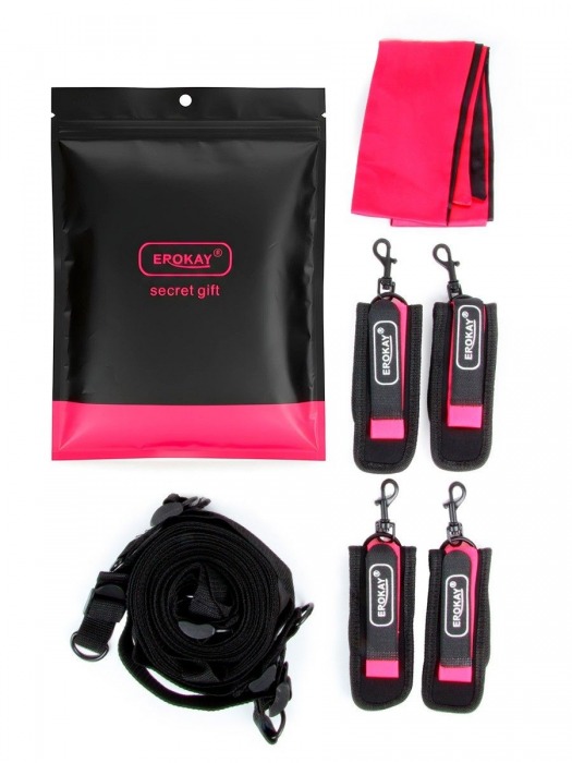 Черно-розовый эротический набор: фиксатор, оковы, наручники, повязка - Erokay - купить с доставкой в Миассе
