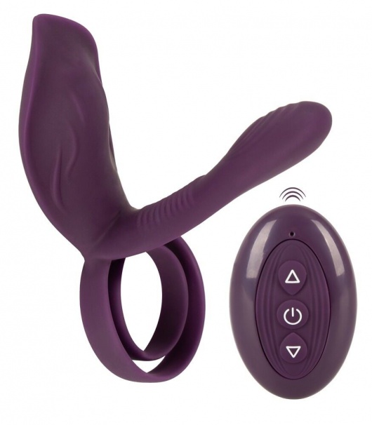 Фиолетовая насадка на член с клиторальным отростком и пультом ДУ RC Couple’s Vibrator 2 - Orion - в Миассе купить с доставкой