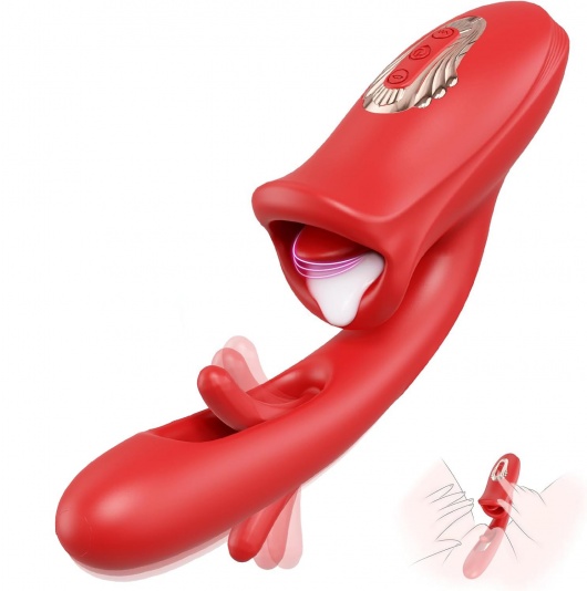 Красный вибратор с функциями фингеринга и лизания - 25,1 см. - Secwell